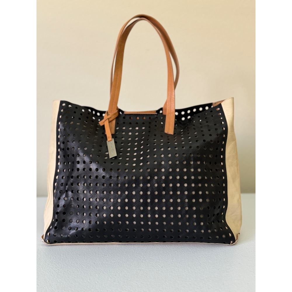 Kenneth Cole Reaction Perforated Tote Black Ivory Large Shoulder Bag Tan Straps
